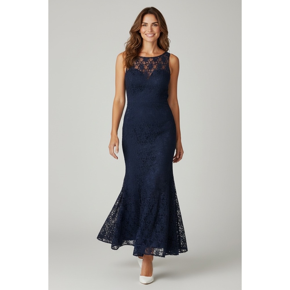 Morilee Madeline Gardner Navy Blue Floral Lace Mermaid Gown Open Back Sleeveless